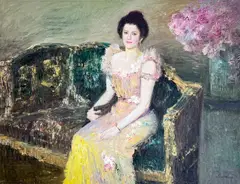 Woman in Yellow Dress by Lawrence, oil on canvas (unstretched), sold Jul 2022