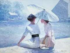 Two Women Under a Parasol by Lawrence, oil on canvas (unstretched), sold Jul 2022