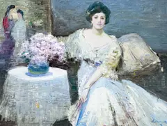 Sitting Woman in White by Lawrence, oil on canvas (unstretched), sold Jul 2022