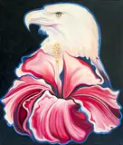 Eagle and Hibiscus by Lowell Nesbitt, 1981, oil on canvas, sold Jul 2022