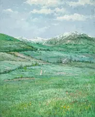 Mountain Landscape by Hyun Bo Yoo, oil on canvas (unstretched), sold Jul 2022
