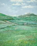 Mountain Landscape by Hyun Bo Yoo, oil on canvas (unstretched), sold Jul 2022