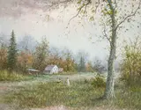 Cabin in the Forest by Hyun Bo Yoo, oil on canvas (unstretched), sold Jul 2022