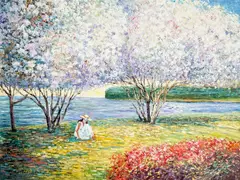 Woman Among Cherry Blossoms by Charles Zhan, oil on canvas (unstretched), sold Jul 2022