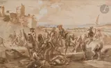 Après la bataille by Jacques Courtois, Plume et encre brune, lavis brun sur esquisse de sanguine, rehauts de gouache, sold Mar 2023