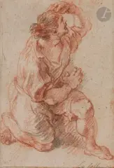 Un personnage agenouillé dont la main gauche abrite le visage by Charles de La Fosse, Pierre noire et sanguine sur papier chamois, sold Mar 2023