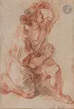 Un personnage agenouillé dont la main gauche abrite le visage by Charles de La Fosse, Pierre noire et sanguine sur papier chamois, sold Mar 2023