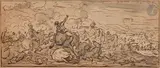 Choc de cavalerie by Charles Parrocel, Plume et encre noire et brune, lavis gris sur esquisse de sanguine, sold Mar 2023