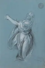 Marie-Madeleine au pied de la croix by Charles-Antoine Coypel, Pierre noire, traces de sanguine, estompe et rehauts de blanc sur papier bleu, sold Mar 2023