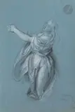 Marie-Madeleine au pied de la croix by Charles-Antoine Coypel, Pierre noire, traces de sanguine, estompe et rehauts de blanc sur papier bleu, sold Mar 2023