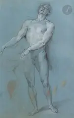 Un homme levant les yeux au ciel et réconfortant une figure agenouillée by Charles-Antoine Coypel, Pierre noire, estompe, traces de sanguine et rehauts de blanc sur papier bleu avec plusieu, sold Mar 2023