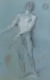 Un homme levant les yeux au ciel et réconfortant une figure agenouillée by Charles-Antoine Coypel, Pierre noire, estompe, traces de sanguine et rehauts de blanc sur papier bleu avec plusieu, sold Mar 2023