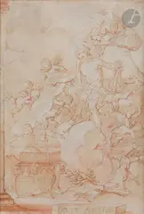 Apollon musicien by Michel-François Dandré-Bardon, Sanguine, lavis brun, lavis de sanguine et rehauts de gouache blanche, sold Mar 2023
