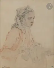 Buste de jeune servante mauresque by Charles André van Loo, Pierre noire et sanguine sur papier chamois, sold Mar 2023