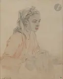 Buste de jeune servante mauresque by Charles André van Loo, Pierre noire et sanguine sur papier chamois, sold Mar 2023
