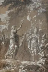 Le Baptême du centurion Cornélius par saint Pierre à Césarée by Pierre-Etienne Moitte, Plume et encre brune, lavis brun, rehauts de gouache blanche sur papier beige, sold Mar 2023