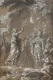 Le Baptême du centurion Cornélius par saint Pierre à Césarée by Pierre-Etienne Moitte, Plume et encre brune, lavis brun, rehauts de gouache blanche sur papier beige, sold Mar 2023