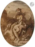 Vénus et Cupidon by Charles-François de la Traverse, Plume et encre noire, lavis brun et gris sur traits de crayon noir, sold Mar 2023