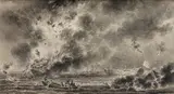 Bataille navale : l’explosion d’un bateau by Nicolas Ozanne, Plume et encre noire, lavis gris sur traits de crayon noir, quelques grattages, sold Mar 2023