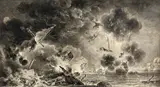 Bataille navale : l’explosion d’un bateau by Nicolas Ozanne, Plume et encre noire, lavis gris sur traits de crayon noir, quelques grattages, sold Mar 2023