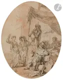 Fête galante sous la tonnelle by Nicolas-Antoine Taunay, Plume et encre brune, lavis brun et de sanguine sur traits de crayon noir, sold Mar 2023