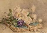 Bouquet de roses blanches et violettes sur un livre by Madeleine Lemaire, Aquarelle signée en bas à droite, sold Dec 2015