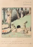 Dans le bois « n’oublie pas ce que tu m’as promis ? Sois tranquille, j’ai fait un nœud à mes oreilles by Benjamin Rabier, 1903, Plume encre, aquarelle, sold Jul 2020