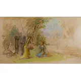 Ladies by a River by Everett Shinn, oil on panel, sold Jul 2025