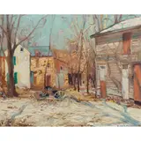 The Wheelwright's Shop by Alfred R. Mitchell, oil on board, sold Jul 2025