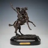 Bronze Sculpture by Smokin' Up, A finely cast bronze sculpture after Charles Marion Russell, sold Aug 2025
