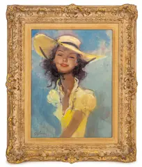 Portrait of a Lady Wearing a Sun Hat by Jean-Gabriel Domergue, Oil on Masonite, sold Aug 2026
