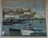 Fishing boats in harbour by John Lawrence, oil on board, sold Jan 2020