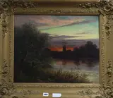 River landscape with church at sunset by C Stanley, 1844, oil on canvas, sold Jan 2020