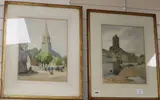 Smailholm Tower and French church by Samuel-Alfred Harding, watercolor, sold Jan 2020
