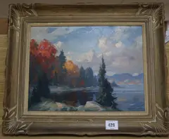 Autumn Day, Lac de l'Achigan' signed, Watson Art Galleries, Montreal label verso 12 x 15.5in by Eric Riordon, oil on board, sold Jan 2020