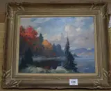 Autumn Day, Lac de l'Achigan' signed, Watson Art Galleries, Montreal label verso 12 x 15.5in by Eric Riordon, oil on board, sold Jan 2020