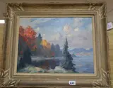 Autumn Day, Lac de l'Achigan' signed, Watson Art Galleries, Montreal label verso 12 x 15.5in by Eric Riordon, oil on board, sold Dec 2019