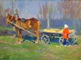 On the way to market' signed, Roy Miles Gallery label verso 24 x 32in by Konstantin Lomikin, oil on canvas, sold Dec 2019