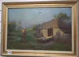 Shepherd and flock at sunset by Baxter Morgan, oil on canvas, sold Dec 2019