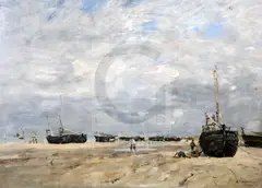 Berck -Bateaux Échoués' signed lower right and inscribed 'Berck' Arthur Tooth & Sons Ltd label verso inscribed: '4094/Plage de Berck/by/E by Eugène Boudin, oil on canvas, sold Dec 2019