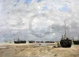 Berck -Bateaux Échoués' signed lower right and inscribed 'Berck' Arthur Tooth & Sons Ltd label verso inscribed: '4094/Plage de Berck/by/E by Eugène Boudin, oil on canvas, sold Dec 2019
