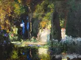 The Door' 1919 Fine Art Society label verso 20 x 27in by Thomas Edwin Mostyn, oil on canvas, sold Dec 2019