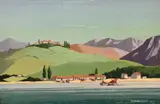 Spain Near Gibraltar' a coastal scene with boats on calm waters and buildings and hills beyond by F. Bernasconi, Gouache, signed and inscribed, dated '1945', sold Mar 2021