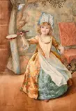 British, A young girl playing with a shuttlecock in a lavish interior by Eleanor E. Manly, watercolour, sold Mar 2021