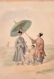 Figures in an oriental landscape under an umbrella by M. L. Wing, watercolour, offered Mar 2021