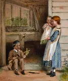 British, a scene of three young children outside a workshop by George Goodwin Kilburn, 1865, watercolour, offered Mar 2021