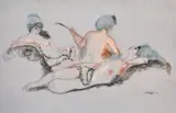 British, A group of ladies posed as if in a harem, coloured chalks on blue paper by Henry Bird, pencil, sold Mar 2021