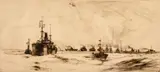 British, A Maritime scene of a flotilla of warships on calm waters by F. H. Mason, etching, sold Mar 2021