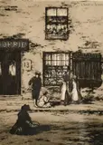 Children outside a shop with two other architectural etchings by by J. Beattie Scott, pencil, offered Mar 2021