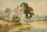British, a scene of a country pub with wayfarers passing by by Lewis Mortimer, watercolour, sold Mar 2021